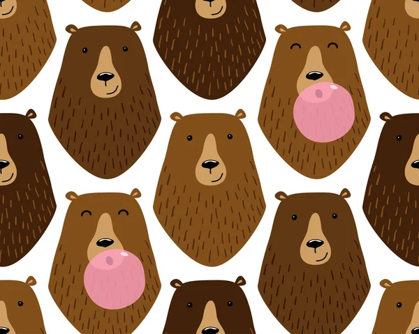 Lindo patrón infantil sin costuras con personajes de dibujos animados de diferentes osos y goma de mascar — Vector de stock