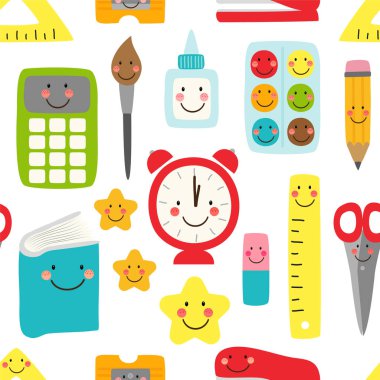 Cute childish seamless pattern Back to School supplies as smiling cartoon characters clipart