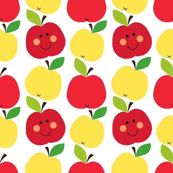 Lindo patrón sin costura infantil como personajes de dibujos animados sonrientes de manzanas — Vector de stock