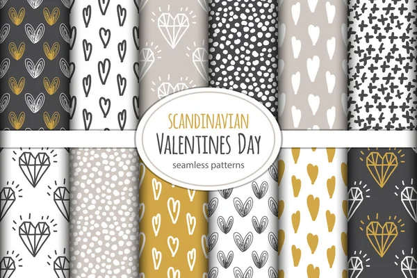 Carino set di San Valentino scandinavo senza soluzione di continuità modelli di sfondo con cuori disegnati a mano — Vettoriale Stock