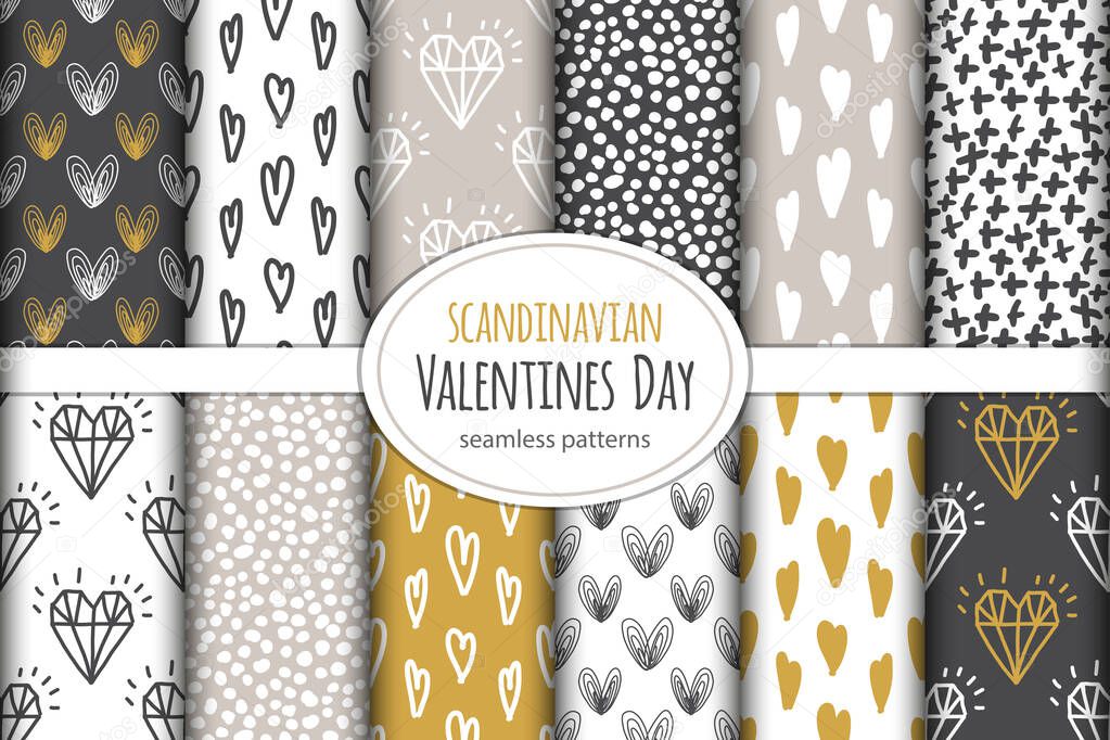 Cute set of Scandinavian Valentines day seamless patterns background with hand drawn hearts