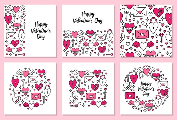 Lindo conjunto de fondos de San Valentín Día con garabatos de corazones en estilo de arte de línea — Vector de stock