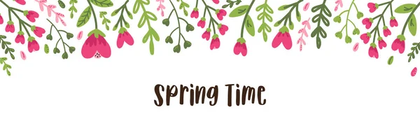 Banner horizontal floral colorido bonito com folhas e flores desenhadas à mão no estilo doodle, pode ser usado para design botânico de primavera ou verão — Vetor de Stock