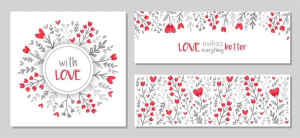 Conjunto bonito de Dia dos Namorados fundos florais com folhas desenhadas à mão e flores em forma de coração no estilo doodle —  Vetores de Stock