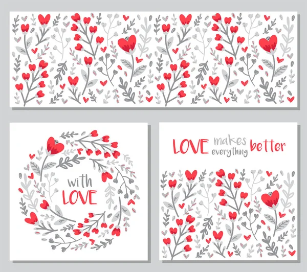 Carino set di San Valentino sfondi floreali con foglie disegnate a mano e fiori a forma di cuore in stile doodle — Vettoriale Stock