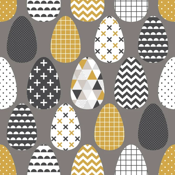 Lindo patrón sin costuras de huevos de Pascua escandinavos con ornamento tribal geométrico en colores negro, blanco y dorado de patrones étnicos — Vector de stock