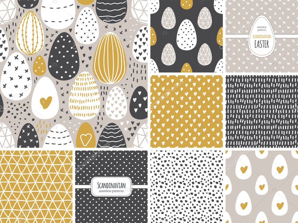 Cute set of Scandinavian Easter Eggs collection seamless pattern background with hand drawn textures and decoration elements