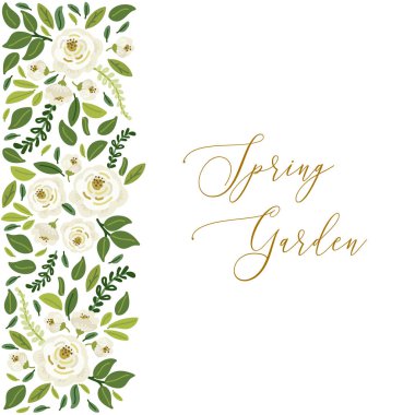 Şirin botanik temalı çiçekli buketler çizilmiş kır gülleri çiçekler ve yeşil yapraklı dallar.