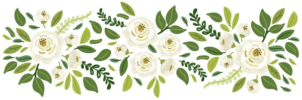 Mignon thème botanique fond floral avec des bouquets de fleurs de roses blanches rustiques dessinées à la main et des branches de feuilles vertes — Image vectorielle