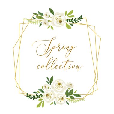 Şirin botanik temalı geometrik çerçeve arka planda el çizimi buketler beyaz güller ve yeşil yapraklar