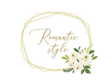 Şirin botanik temalı geometrik çerçeve arka planda el çizimi buketler beyaz güller ve yeşil yapraklar