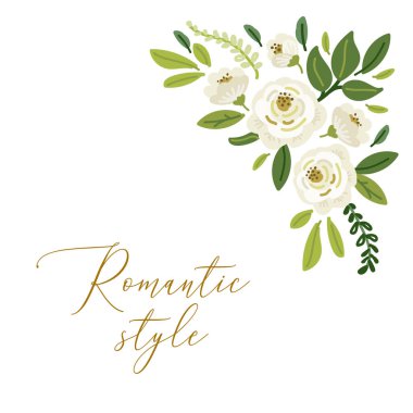 Şirin botanik temalı çiçekli buketler çizilmiş kır gülleri çiçekler ve yeşil yapraklı dallar.