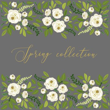 Şirin bahar koleksiyonu çiçek arkaplanı. Kırsal güller, çiçekler ve yeşil yapraklar çizilmiş.