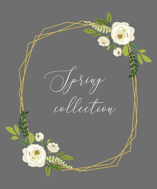 Şirin bahar koleksiyonu çiçek arkaplanı. Kırsal güller, çiçekler ve yeşil yapraklar çizilmiş.