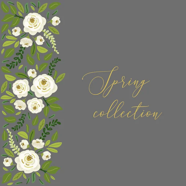 Leuke lente collectie bloemen achtergrond met boeketten van de hand getekend rustieke witte rozen bloemen en groene bladeren takken — Stockvector
