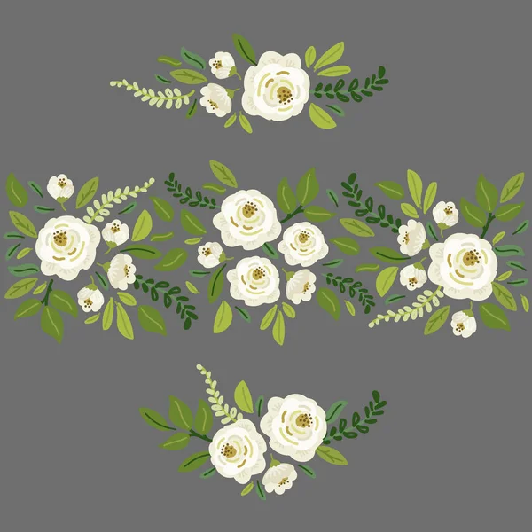 Mignonne collection printemps éléments floraux comme bouquets de fleurs de roses blanches rustiques dessinées à la main et branches de feuilles vertes — Image vectorielle