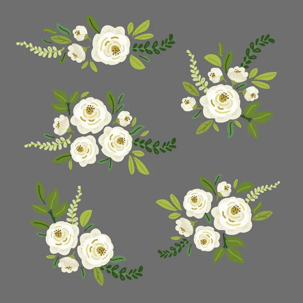 Mignonne collection printemps éléments floraux comme bouquets de fleurs de roses blanches rustiques dessinées à la main et branches de feuilles vertes — Image vectorielle