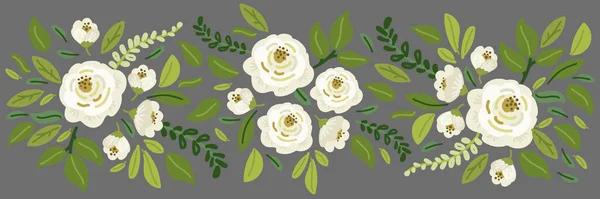 Mignonne collection printemps floral fond horizontal avec des bouquets de fleurs de roses blanches rustiques dessinées à la main et des branches de feuilles vertes — Image vectorielle