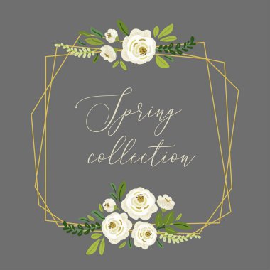 Şirin bahar koleksiyonu çiçekli geometrik çerçeve, kır gülleri, çiçekler ve yeşil yapraklarla dolu.
