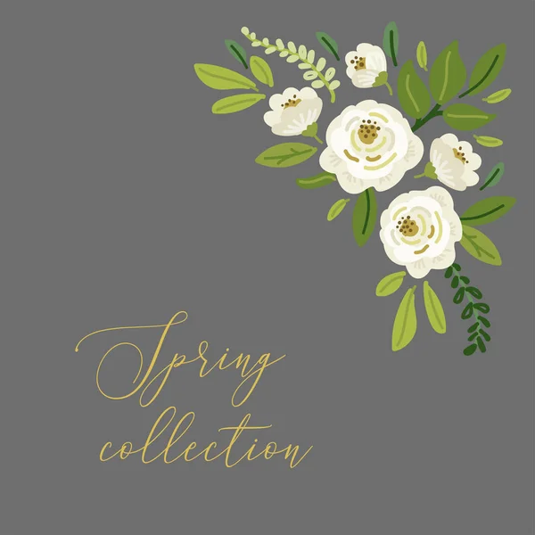 Söt våren samling blommig bakgrund med buketter av handritade rustika vita rosor blommor och blad grenar — Stock vektor