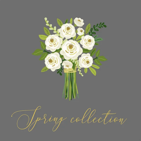 Niedlichen Frühling Kollektion floralen Hintergrund mit Sträußen von Hand gezeichnet rustikalen weißen Rosen Blumen und Blätter Zweige — Stockvektor