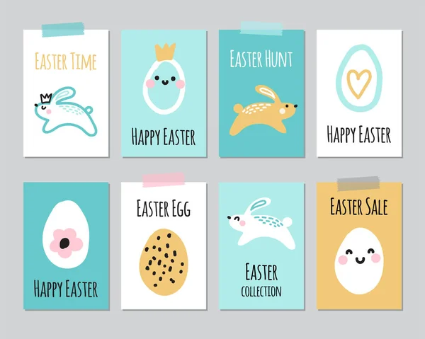 Cute set of childish Easter cards with hand drawn cartoon characters of rabbits and eggs, creative spring design in naive art doodle style — ストックベクタ