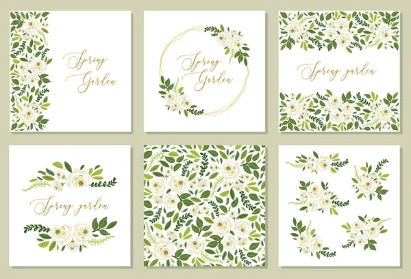 Mignon ensemble de thème botanique de cadre floral avec des bouquets de roses blanches rustiques dessinées à la main et des branches de feuilles vertes — Image vectorielle