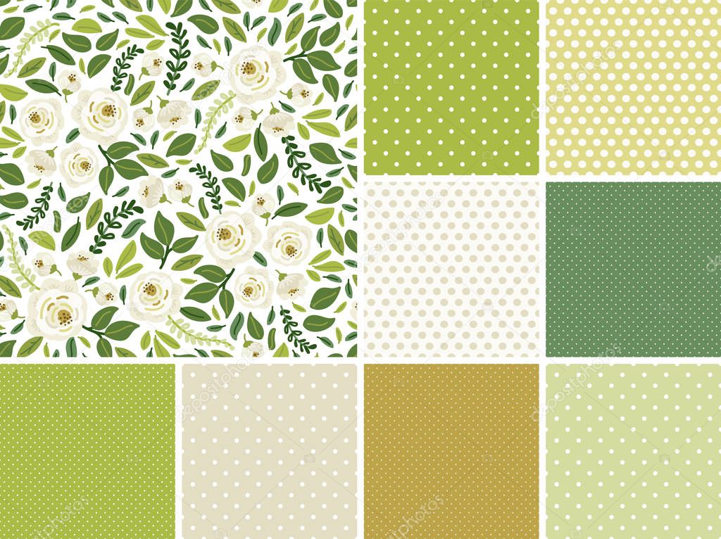 Cute set of botanical floral seamless pattern background with bouquets of rustic white roses flowers and green leaves branches