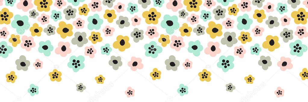 Cute childish horizontal banner background with primitive naive art spring flowers in scandinavian minimal style