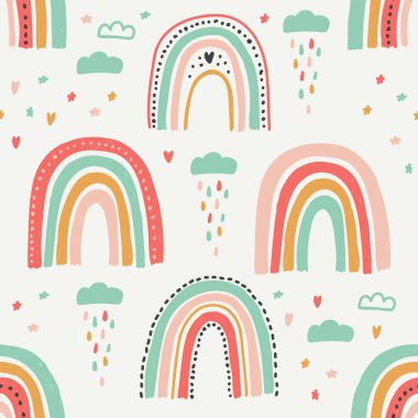 Cute scandinavian childish seamless pattern with trendy hand drawn rainbows clipart