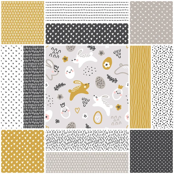 Elle çizilmiş tavşanlar ve yumurtalar, saf sanat karalama tarzında yaratıcı bahar tasarımı ve çocuksu paskalya desenleri.