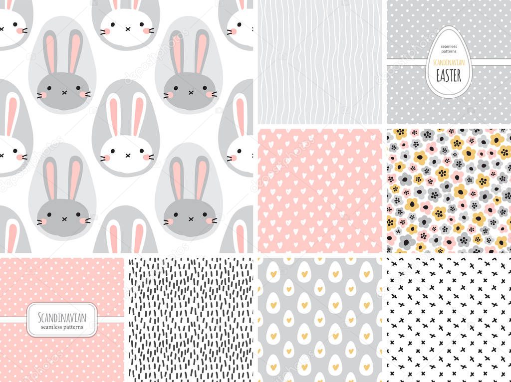 Cute set of childish Easter seamless patterns with hand drawn bunny, creative spring design in naive art doodle style