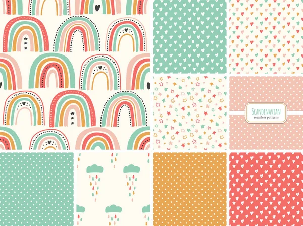 Cute set of scandinavian childish seamless pattern with trendy hand drawn rainbows, clouds, stars and hearts