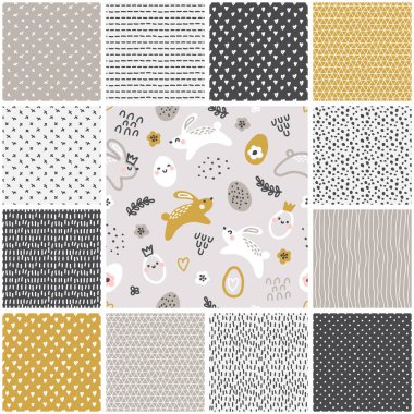 Elle çizilmiş tavşanlar ve yumurtalar, saf sanat karalama tarzında yaratıcı bahar tasarımı ve çocuksu paskalya desenleri.