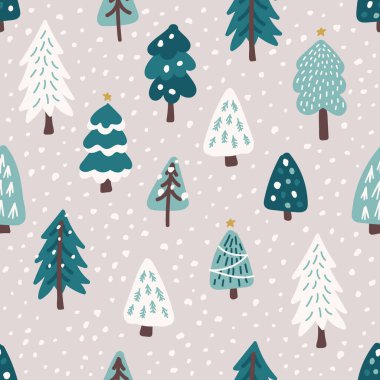 Şirin İskandinav Noel Ağacı pürüzsüz arkaplanı ve elle çizilmiş Karlı Ağaçlar Ormanı