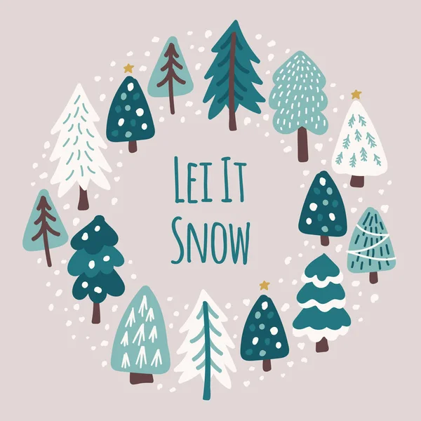 Aranyos skandináv karácsonyfa keret háttér kézzel rajzolt havas fenyő erdő — Stock Vector