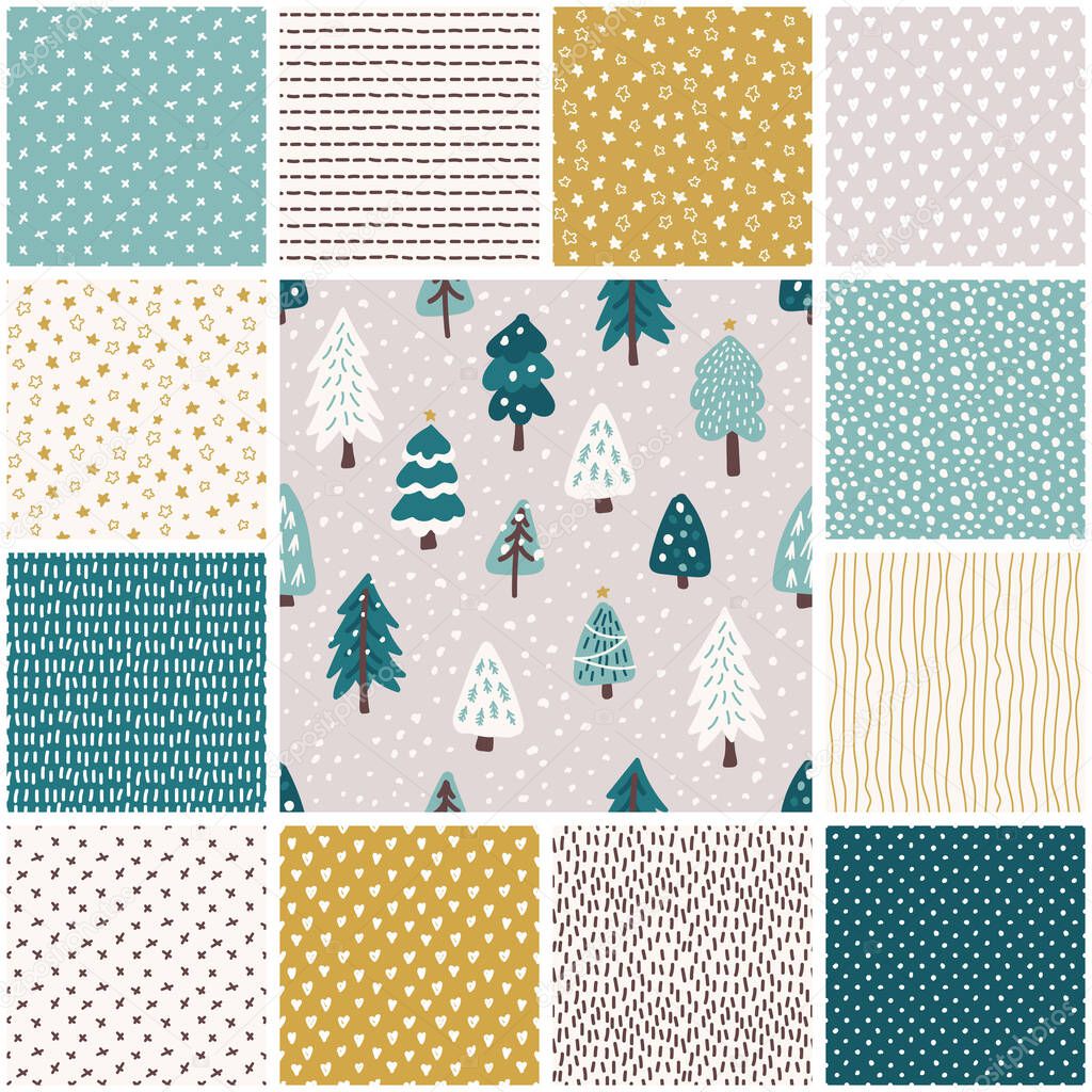 Cute Scandinavian Christmas Tree seamless patterns set, background with hand drawn Snowy Fir Trees Forest