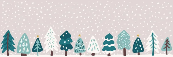 Niedlichen skandinavischen Weihnachtsbaum horizontal Hintergrund mit handgezeichneten schneebedeckten Tannen Wald — Stockvektor