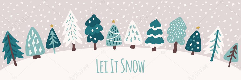 Cute Scandinavian Christmas Tree horizontal background with hand drawn Snowy Fir Trees Forest