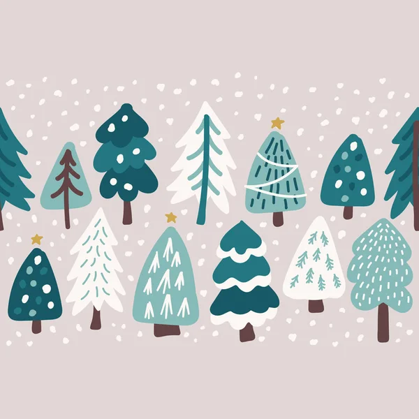 Cute Scandinavian Christmas Tree seamless border background with hand drawn Snowy Fir Trees Forest — Stock Vector