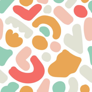 Soyut doğa elementlerine sahip şirin modaya uygun düzensiz desen beyaz arka planda şekiller, basit düz stilde vektör illüstrasyonları