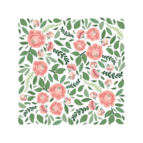 Cute botanical theme floral background with bouquets of hand drawn rustic roses flowers and leaves branches in neutral colors — Stok Vektör