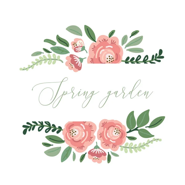 Cute botanical theme floral background with bouquets of hand drawn rustic roses flowers and leaves branches in neutral colors — ストックベクタ