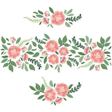 Cute botanical theme floral background with bouquets of hand drawn rustic roses flowers and leaves branches, neutral colors