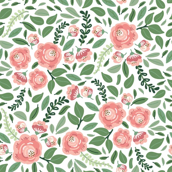 Lindo fondo de patrón sin costura floral botánica con ramos de rosas rústicas flores y hojas ramas, colores neutros — Vector de stock