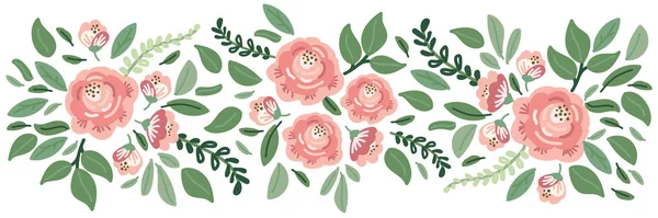 Mignon thème botanique fond floral avec des bouquets de fleurs de roses rustiques dessinées à la main et des branches de feuilles, couleurs neutres — Image vectorielle
