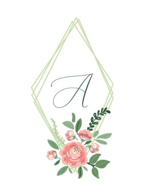 Cute botanical theme floral frame background with bouquets of hand drawn rustic roses and leaves branches in neutral colors