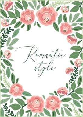 Cute botanical theme floral frame background with bouquets of hand drawn rustic roses and leaves branches in neutral colors