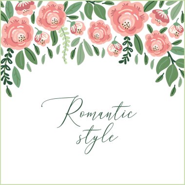 Cute botanical theme floral background with bouquets of hand drawn rustic roses and leaves branches in neutral colors