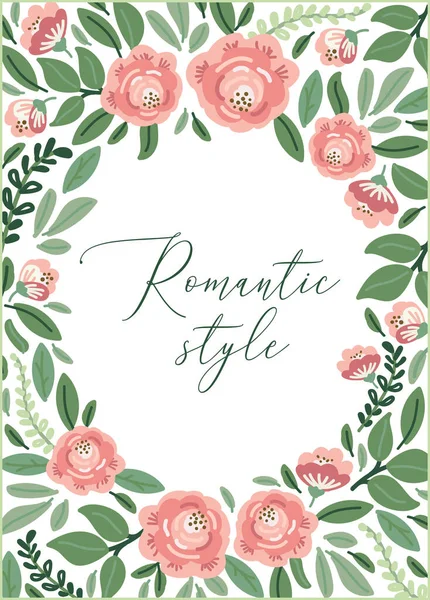 Cute botanical theme floral frame background with bouquets of hand drawn rustic roses and leaves branches in neutral colors — Stock Vector